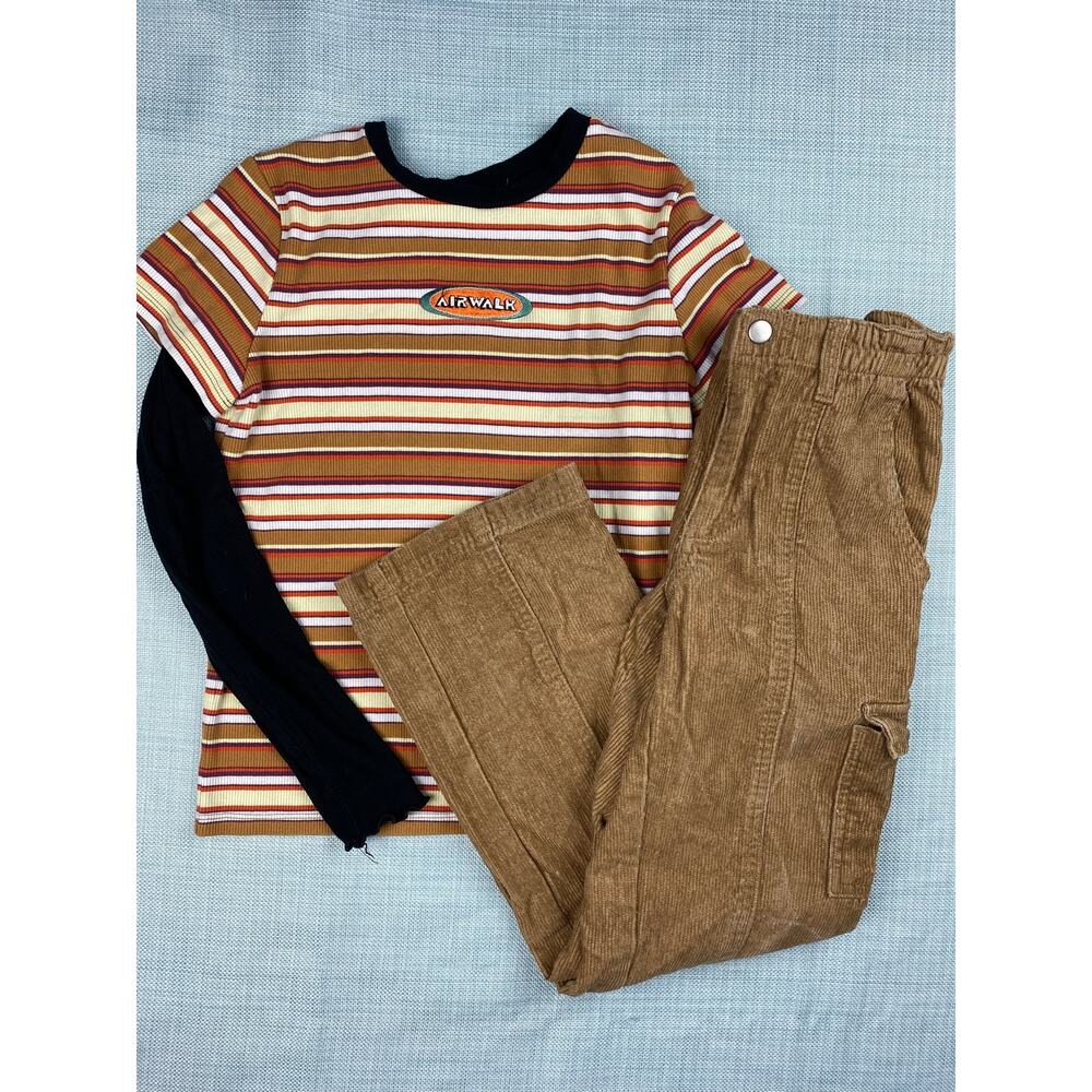 Girls Forever 21 Airwalk Shirt & Corduroy Cargo Pants Sz 10/12 Brown Faux Layer